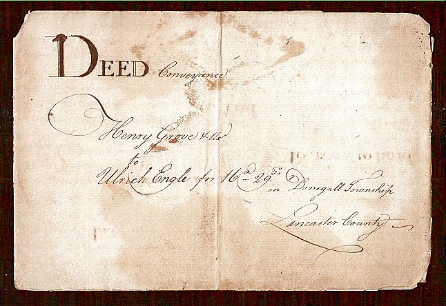 The outside, folded: “Deed Conveyance, Henry Grove & ux [and wife] to Ulrich Engle for 16 a. 29 p. in Donegall Township, Lancaster County.”