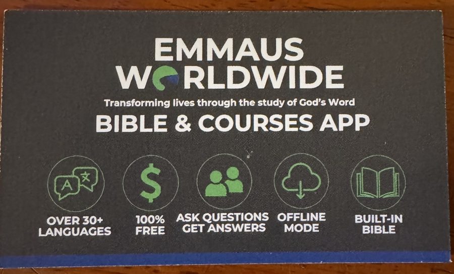 The Emmaus Worldwide card, back: over 30 languages, 100% free, ask questions, offline mode, built-in Bible