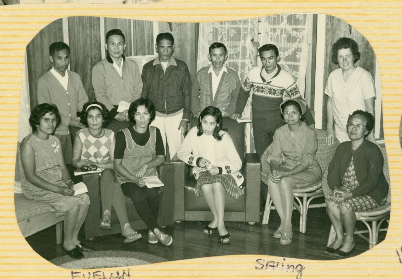 One of the earliest Bible studies, 55 Malvar, 1968. Mary Lou is standing. Evelyn, in the checkered sweater, sits in the same chair as Mrs. Jaleco, with Mrs. Badilla on her other side.